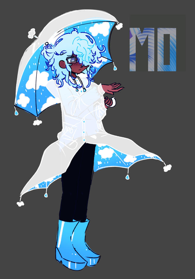 He has dark skin and shoulder length light blue hair in a bun. He has blue eyes. He has various beauty marks on his skin. He wears glasses. He has a stylised umbrella with a rain cloud and sky theme.