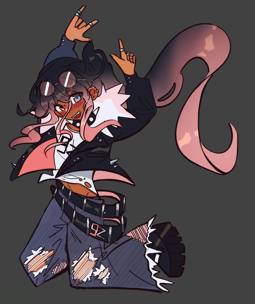 He has dark skin and long black and pink hair in a ponytail. He has one pink eye and one grey eye. He has earrings and facial piercings.