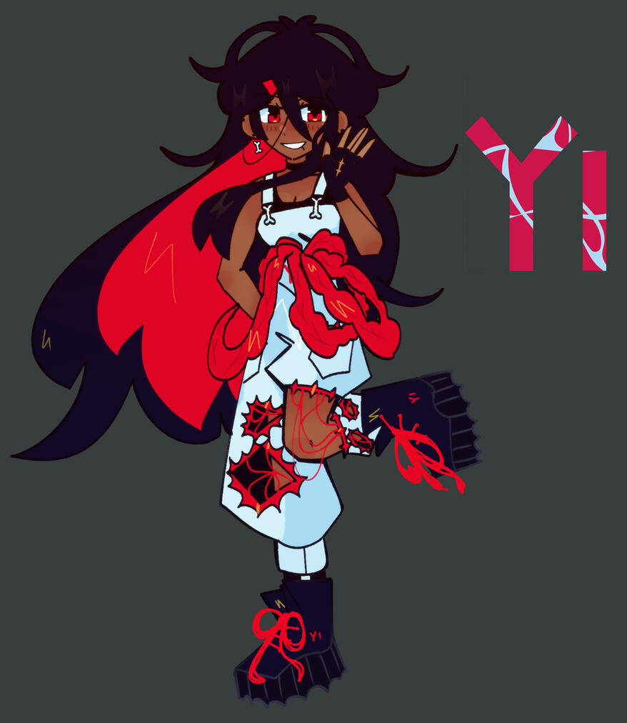 She has dark skin with long black hair, coloured red inside, with black strands in front of her face. She has red eyes. She has piercings on her lip and her ears. She has a bone-shaped earring.