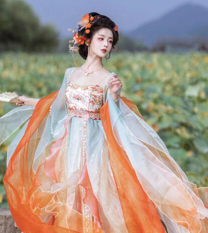 Orange and pastel blue Hanfu