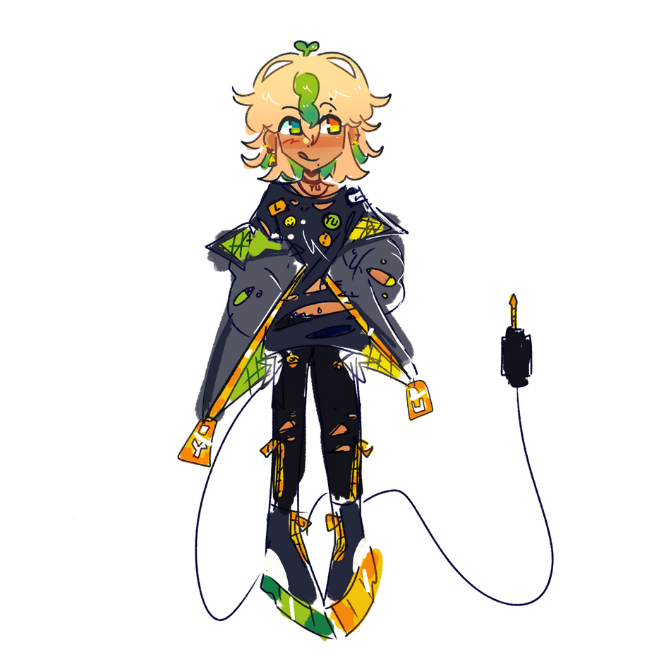 He has tan skin and shoulder length blond hair with multiple green tufts and green on the inner layer of his hair. He has one green eye and one yellow eye. He has piercings on his ears, his eyebrow and his lip. He has a headphone jack and cable as a tail.
