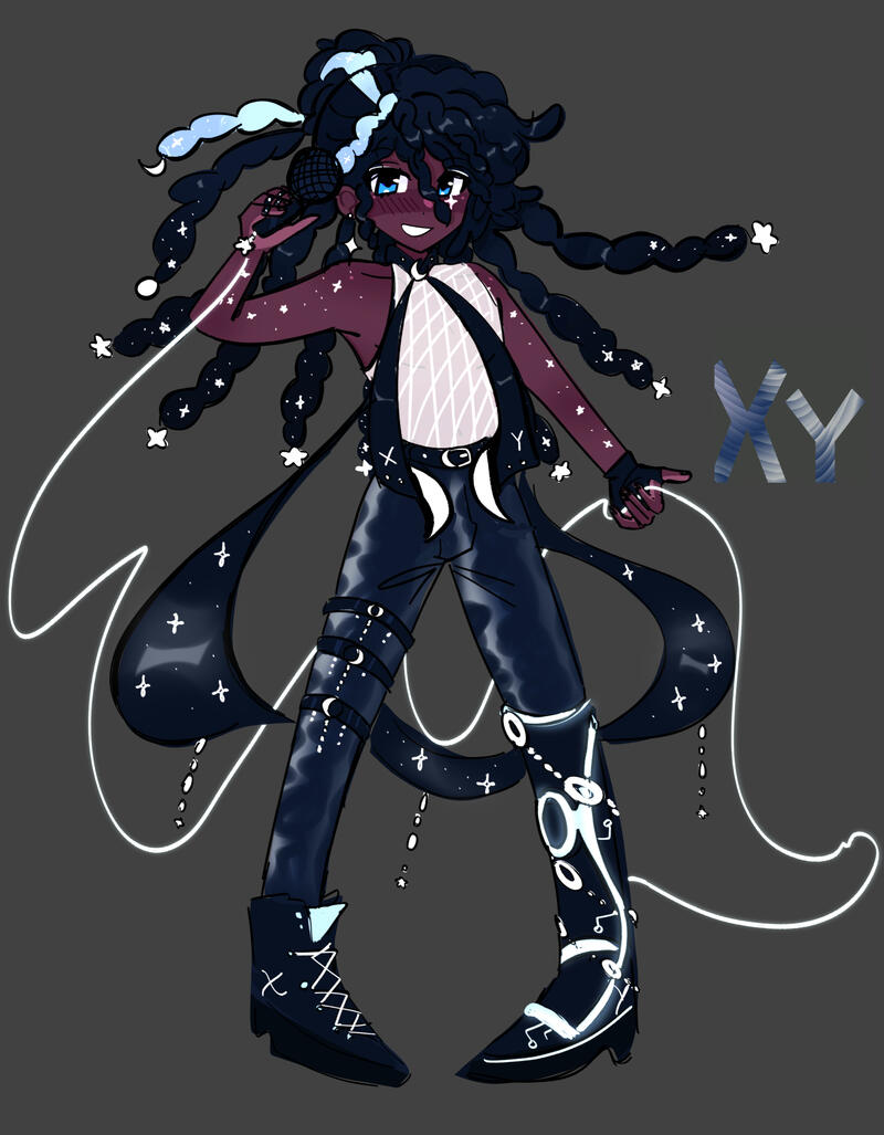 he has long black locs with a light blue streak, his hair is in a bun with white stars. he has cool-toned dark skin with white stars plastered across his face and arms. he has blue eyes. he has a black prosthetic lower left leg, with white cybernetic light
