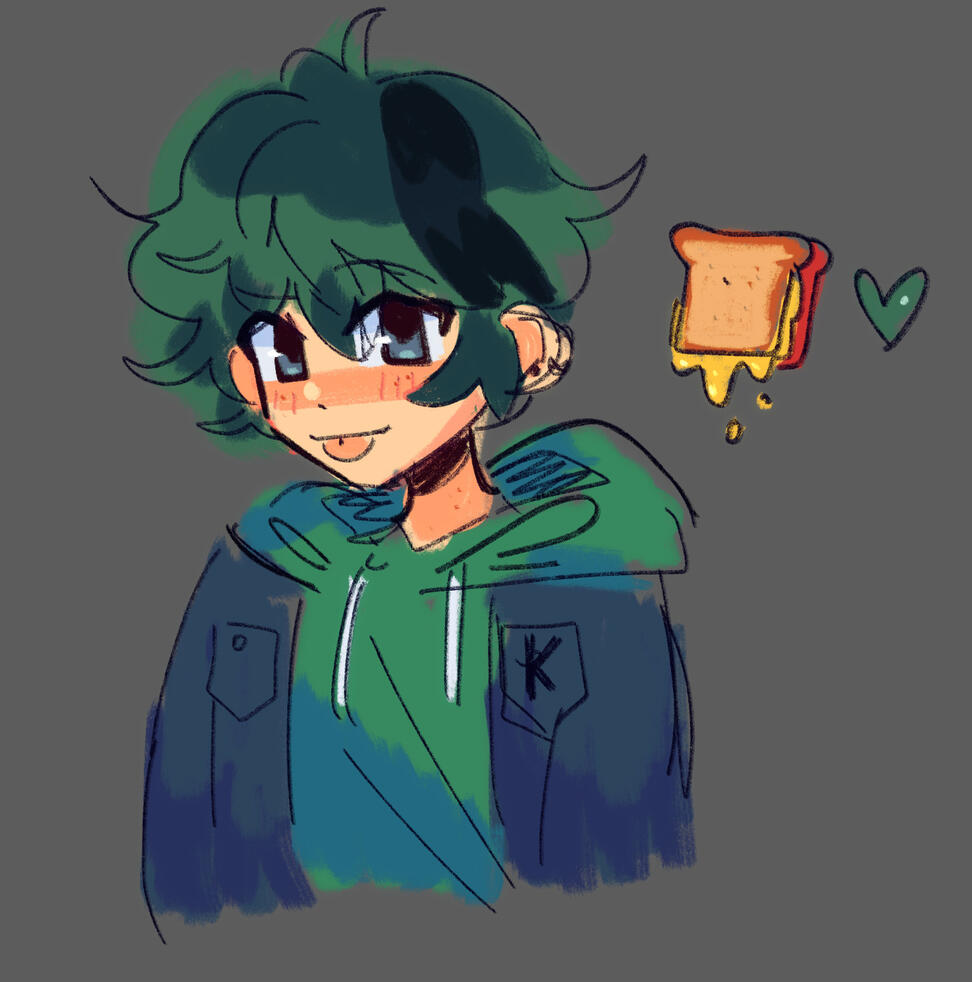 He has pale skin and short green hair with a black tuft coming down the front, slightly angled to the left. He has silver-blue eyes. He has freckles. He has pierced ears.