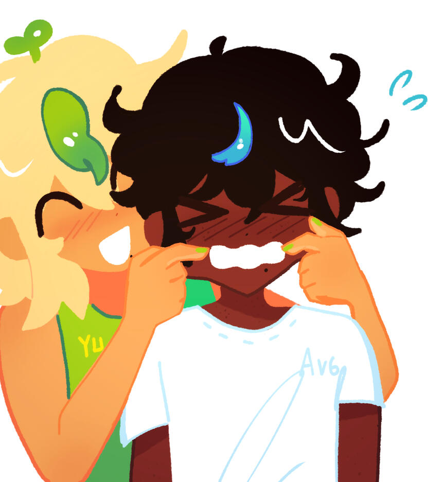 He has dark skin and short black hair. He has a cyan tuft of hair. He has freckles and a lip piercing. He is with Yuma Synth V in this image