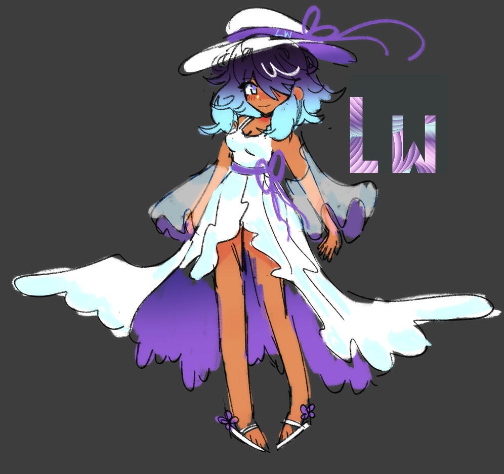 She has tan skin and dark purple and light blue hair. Her hair is purple on top and fades into light blue at the ends. She has light blue and purple eyes. She has a white sun hat with a purple ribbon around it, and a light blue "L W" on the ribbon.