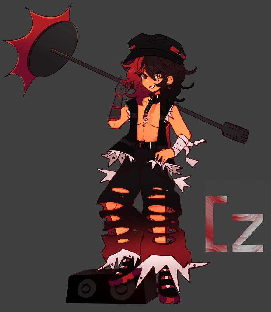 he has long black locs with a light blue streak, his hair is in a bun with white stars. he has cool-toned dark skin with white stars plastered across his face and arms. he has blue eyes. he has a black prosthetic lower left leg, with white cybernetic light