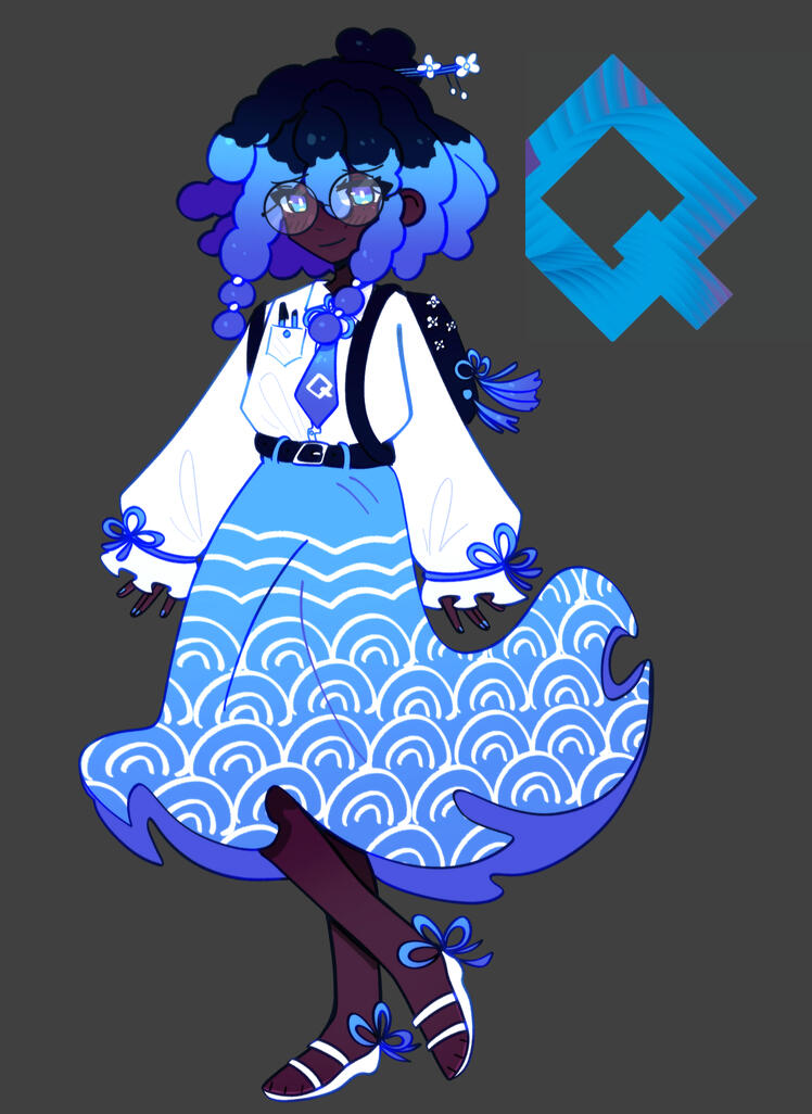 she has shoulder length textured hair, its black at the roots and goes into a blue gradient. secured in a bun held by flower hair pins, she has thick bubble braids at the front. she has cold toned dark skin. she has blue eyes and wears circular glasses