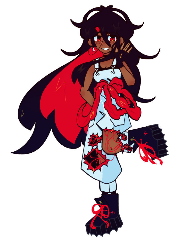 She has dark skin with long black hair, coloured red inside, with black strands in front of her face. She has red eyes. She has piercings on her lip and her ears. She has a bone-shaped earring.