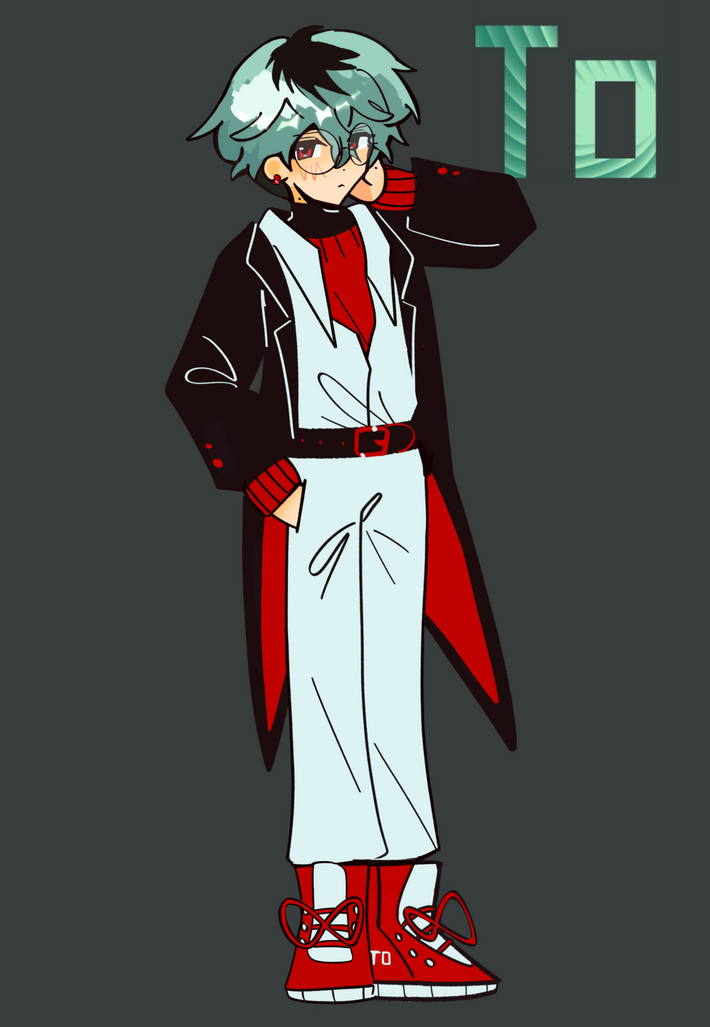 he has tidy short seaform hair with black roots. he has pale skin with beauty marks. he has red eyes and wears circular glasses. he has a red earring. he has a smart-looking red, white and black outfit.