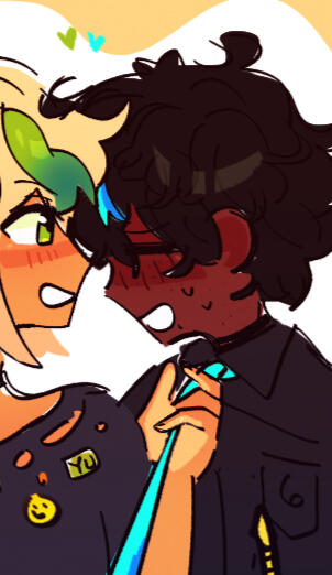 He has dark skin and short black hair. He has a cyan tuft of hair. He has freckles and a lip piercing. He is with Yuma Synth V in this image