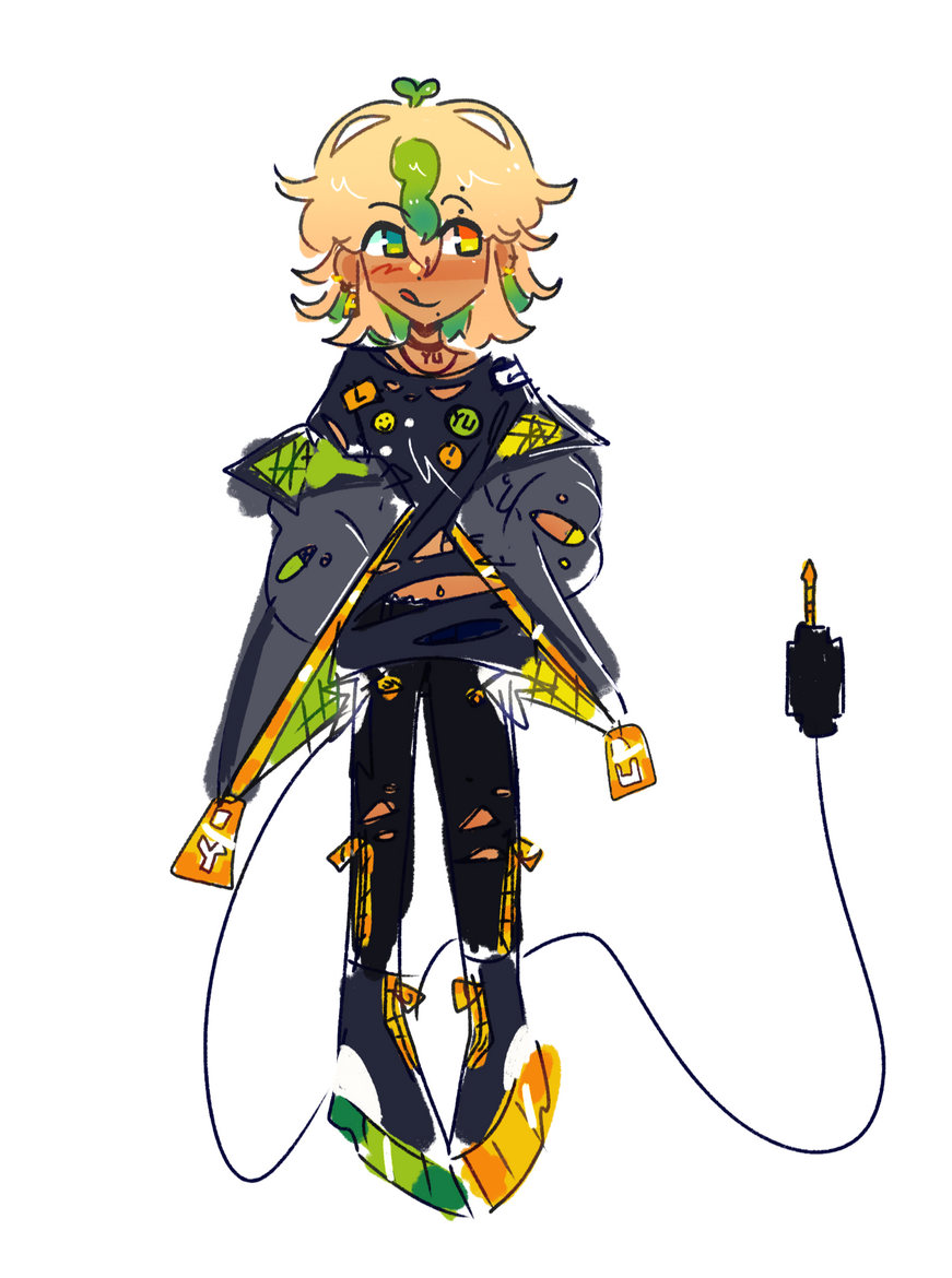 He has tan skin and shoulder length blond hair with multiple green tufts and green on the inner layer of his hair. He has one green eye and one yellow eye. He has piercings on his ears, his eyebrow and his lip. He has a headphone jack and cable as a tail.