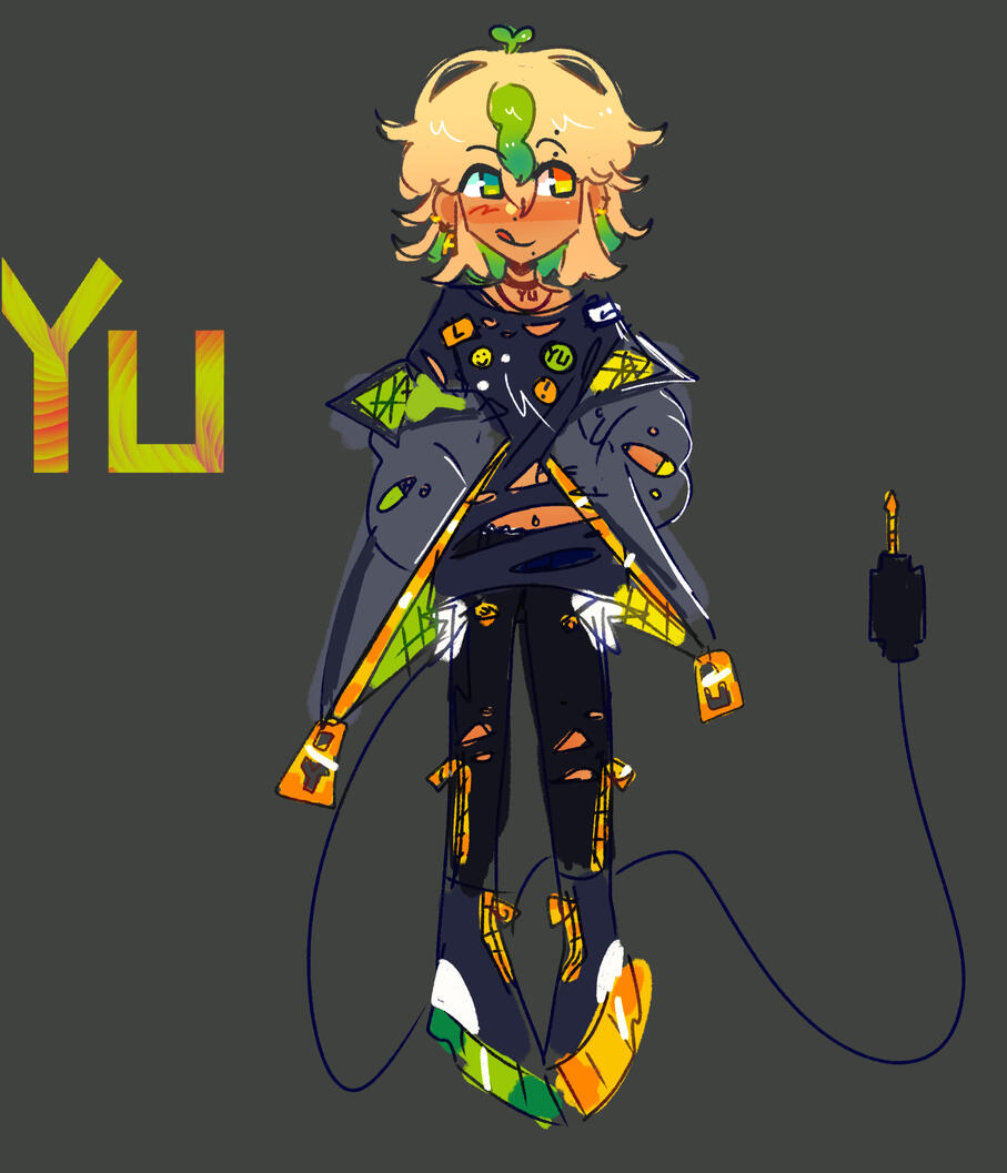 He has tan skin and shoulder length blond hair with multiple green tufts and green on the inner layer of his hair. He has one green eye and one yellow eye. He has piercings on his ears, his eyebrow and his lip. He has a headphone jack and cable as a tail.