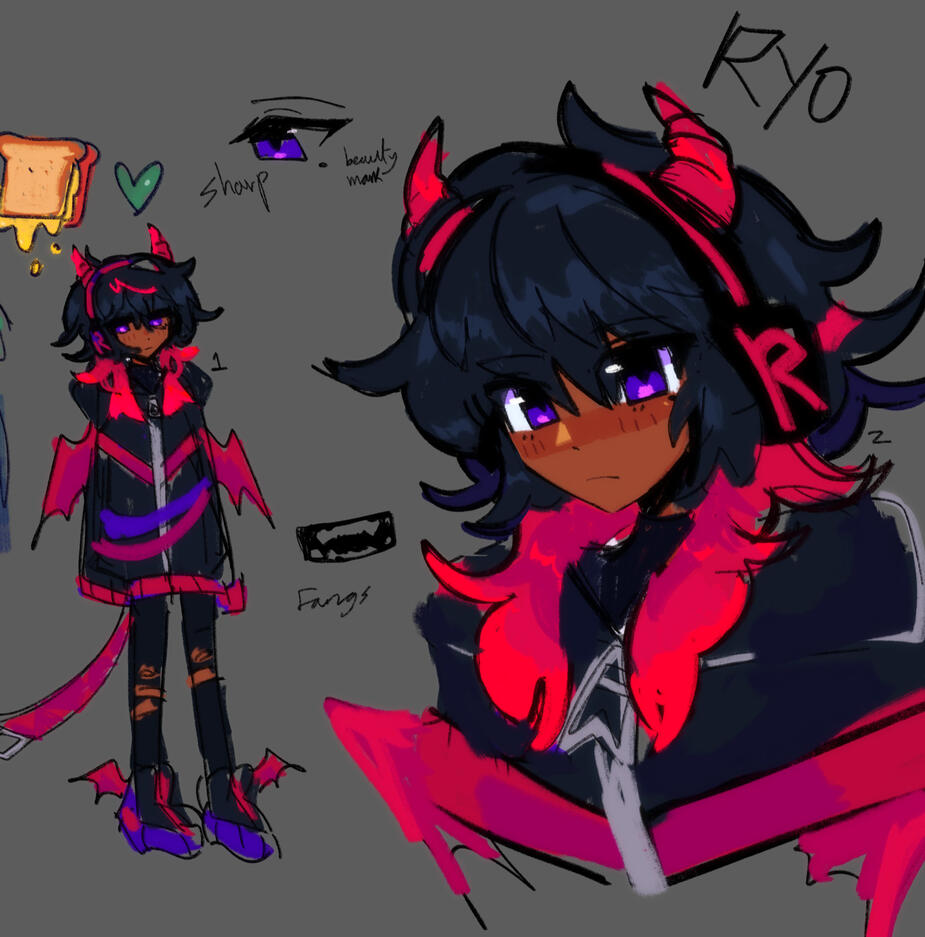 He has dark skin with mid length black and red hair, red tufts coming down his shoulders. He has purple eyes. He has headphones with dragon horns sticking up from his head.