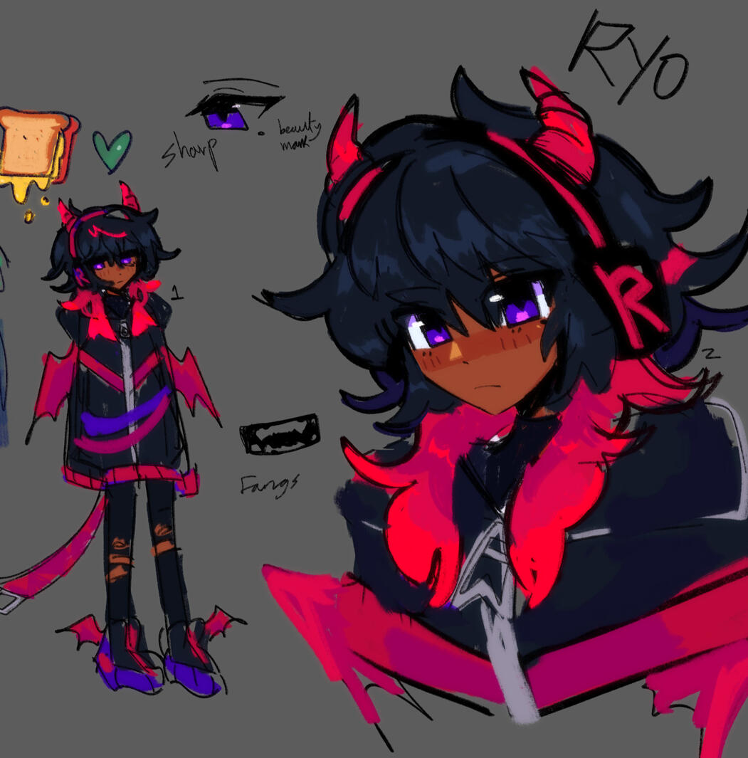 He has dark skin with mid length black and red hair, red tufts coming down his shoulders. He has purple eyes. He has headphones with dragon horns sticking up from his head.