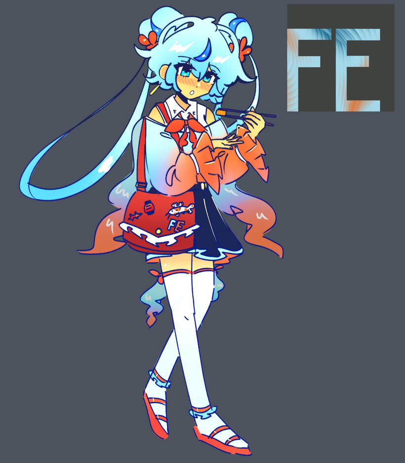 She has pale skin and long light blue hair in buns held with orange accessories, with darker blue tufts. She has long loops of hair coming from the buns. She has blue eyes. She has an earring dangling from her right ear.