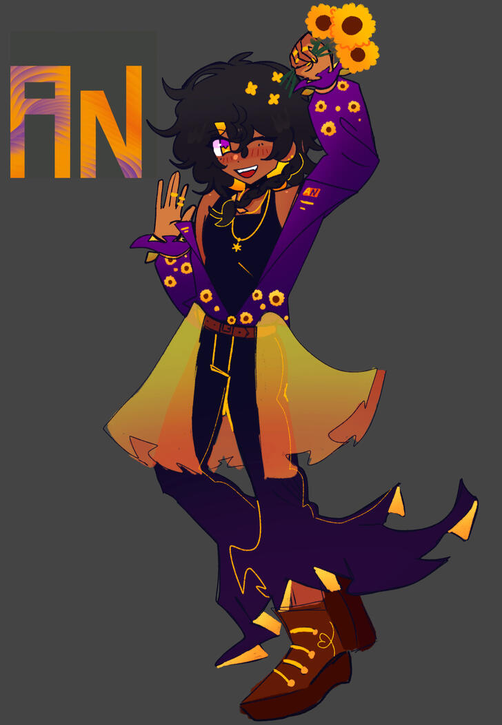 He has dark skin and shoulder length black hair. He has an orange-yellow colour on the inner layer of his hair. He has yellow and purple eyes. He has ear piercings. He has various yellow flower and sun accessories.